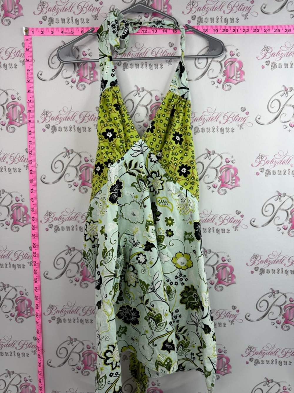 Apron dress tie up y2k flowers paisley aqua Green Floral Halter Sundress cook